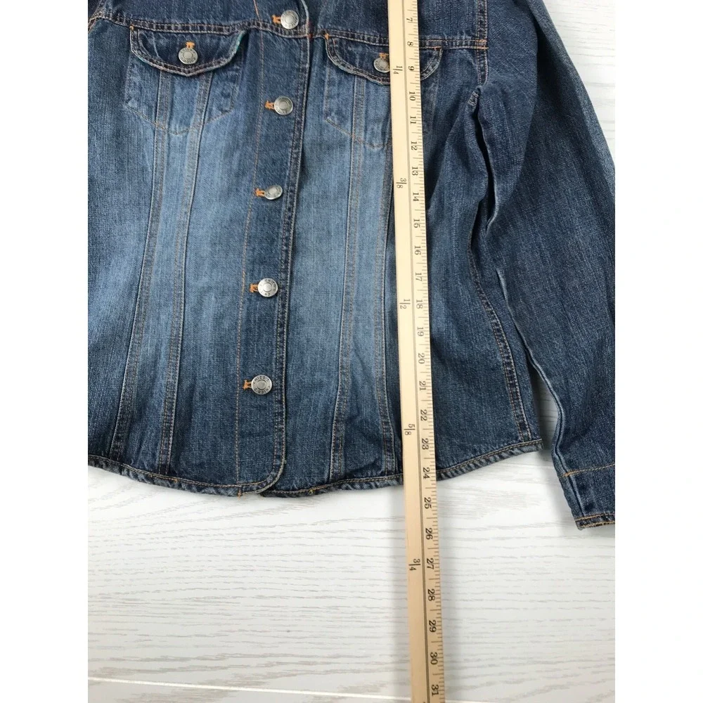 Chicos Denim Jacket Women M Blue Floral Lining Cuff Collar 100% Cotton Button Up - Picture 4 of 12